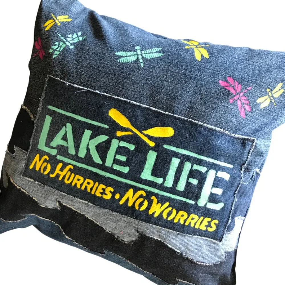 Lake House Pillow Cover 18 x 18, Lake Life Theme Cabin Decor Waves Dragonflies